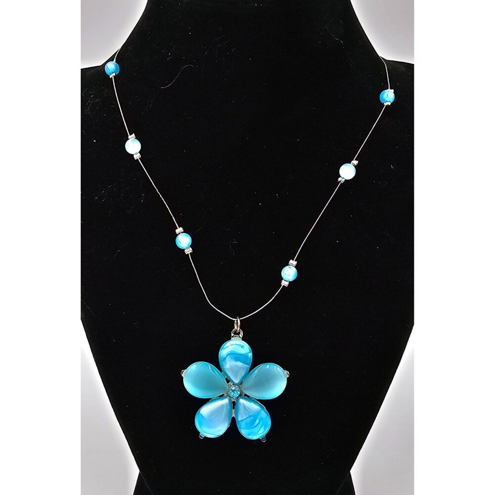 Silvertone Wire Necklace Blue Cats Eye Glass Resin Flower Pendant Jewelry - Picture 1 of 6
